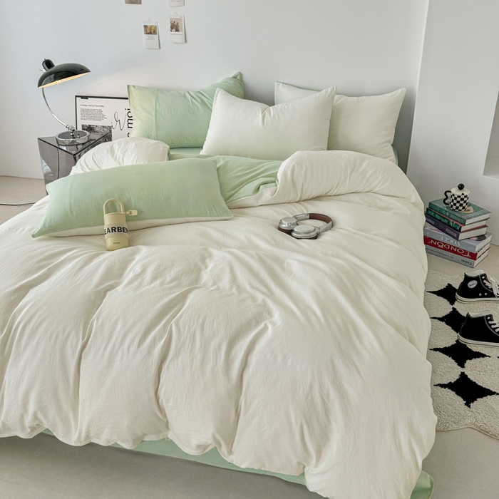 91家纺网 家纺一手货源 找家纺 芷凡家纺 2025新款A类加厚水洗棉云朵棉四件套 奶普+藻绿