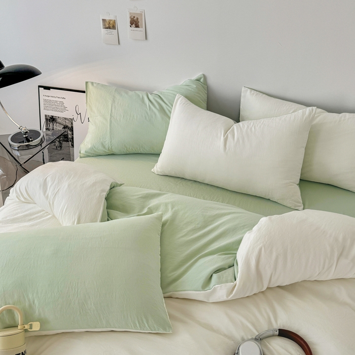 91家纺网 家纺一手货源 找家纺 芷凡家纺 2025新款A类加厚水洗棉云朵棉四件套 奶普+藻绿