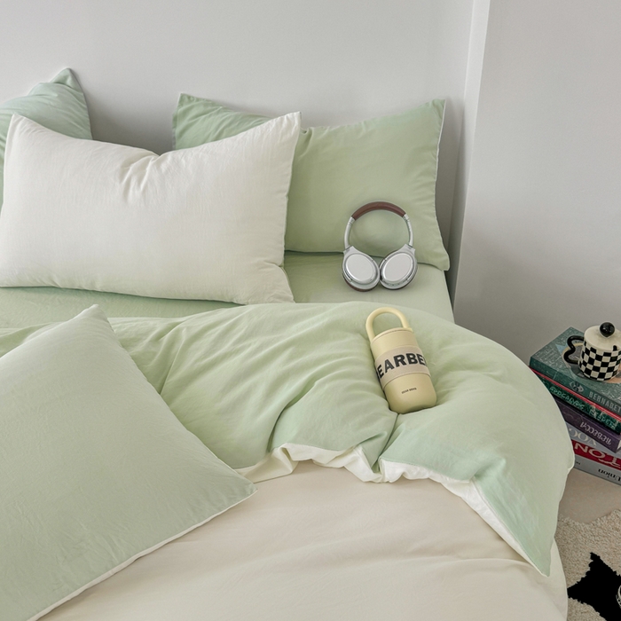 91家纺网 家纺一手货源 找家纺 芷凡家纺 2025新款A类加厚水洗棉云朵棉四件套 奶普+藻绿