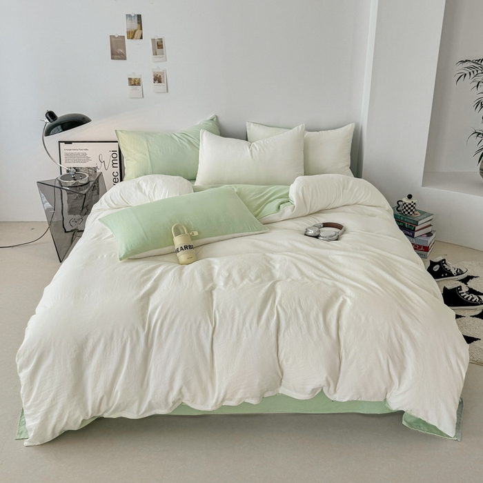 91家纺网 家纺一手货源 找家纺 芷凡家纺 2025新款A类加厚水洗棉云朵棉四件套 奶普+藻绿