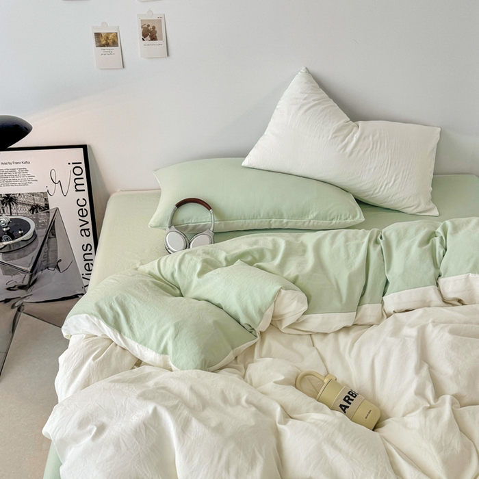 91家纺网 家纺一手货源 找家纺 芷凡家纺 2025新款A类加厚水洗棉云朵棉四件套 奶普+藻绿