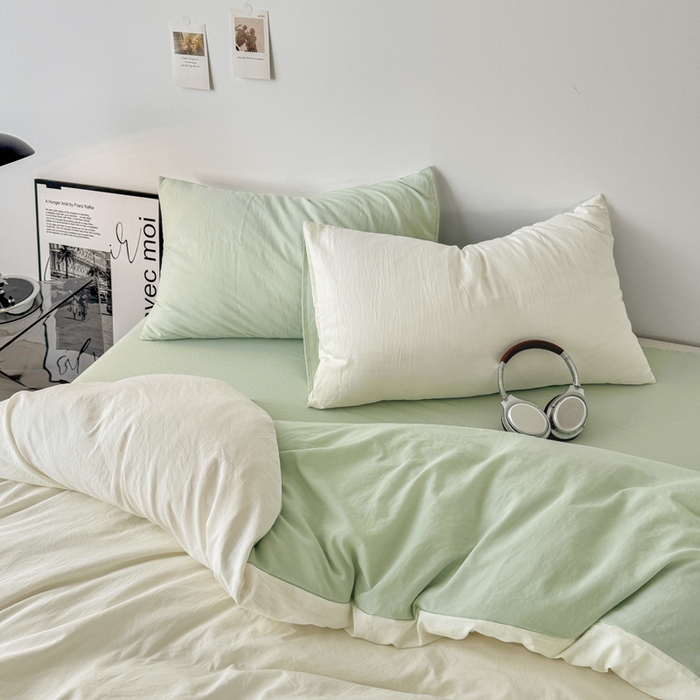 91家纺网 家纺一手货源 找家纺 芷凡家纺 2025新款A类加厚水洗棉云朵棉四件套 奶普+藻绿