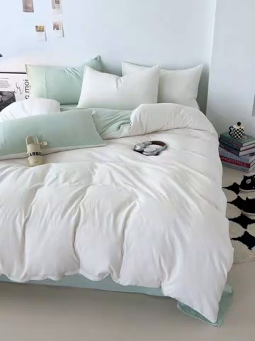 91家纺网 家纺一手货源 找家纺 芷凡家纺 2025新款A类加厚水洗棉云朵棉四件套 奶普+藻绿