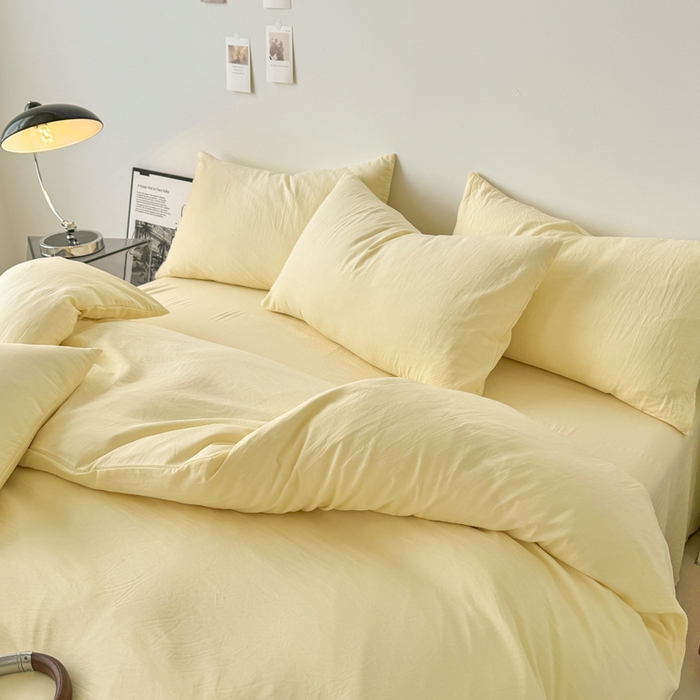 91家纺网 家纺一手货源 找家纺 芷凡家纺 2025新款A类加厚水洗棉云朵棉四件套 浅鹅黄