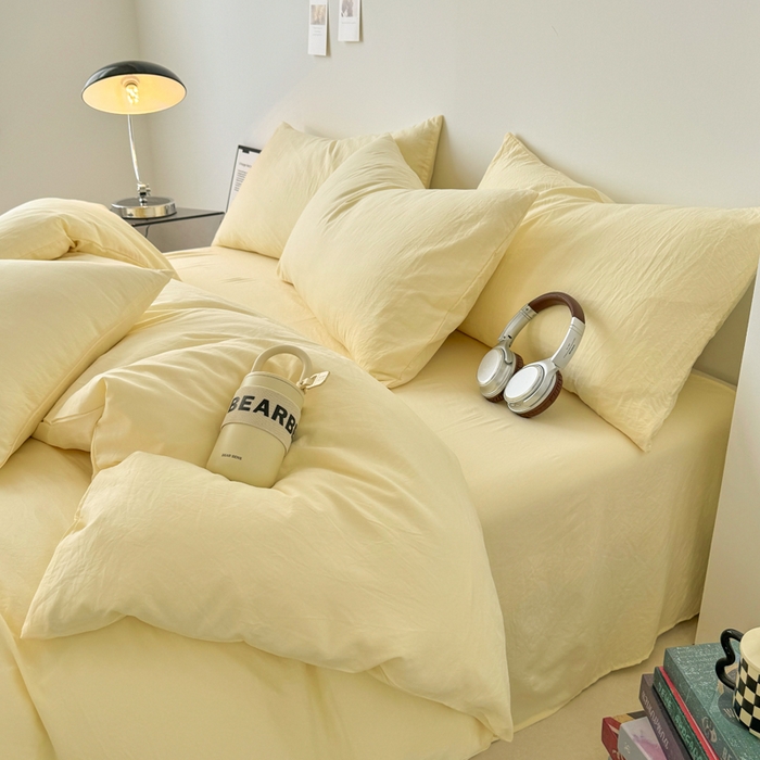 91家纺网 家纺一手货源 找家纺 芷凡家纺 2025新款A类加厚水洗棉云朵棉四件套 浅鹅黄