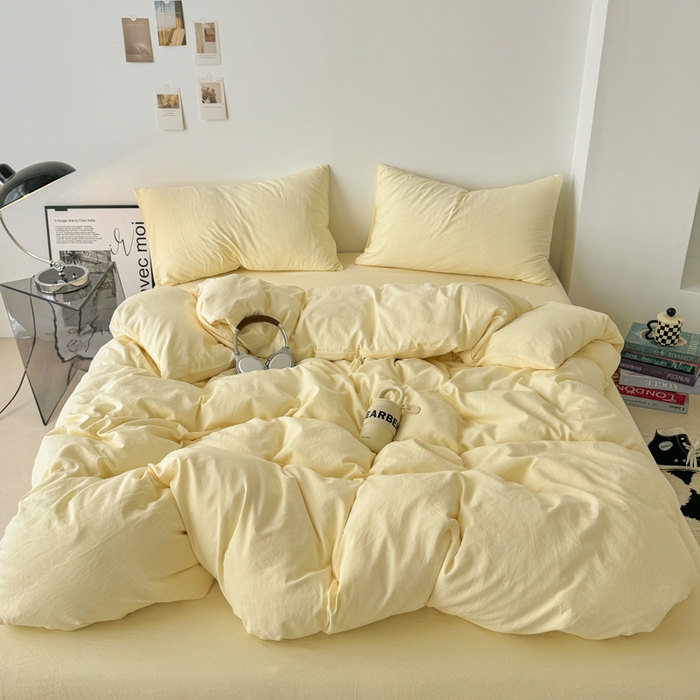 91家纺网 家纺一手货源 找家纺 芷凡家纺 2025新款A类加厚水洗棉云朵棉四件套 浅鹅黄