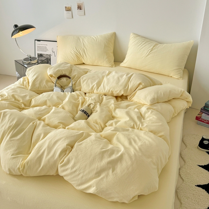 91家纺网 家纺一手货源 找家纺 芷凡家纺 2025新款A类加厚水洗棉云朵棉四件套 浅鹅黄