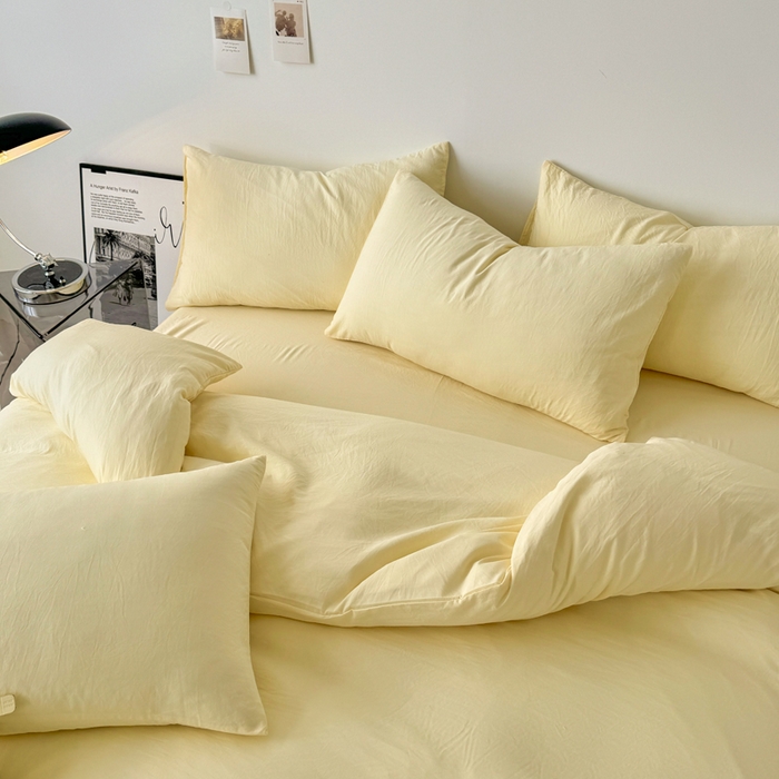 91家纺网 家纺一手货源 找家纺 芷凡家纺 2025新款A类加厚水洗棉云朵棉四件套 浅鹅黄