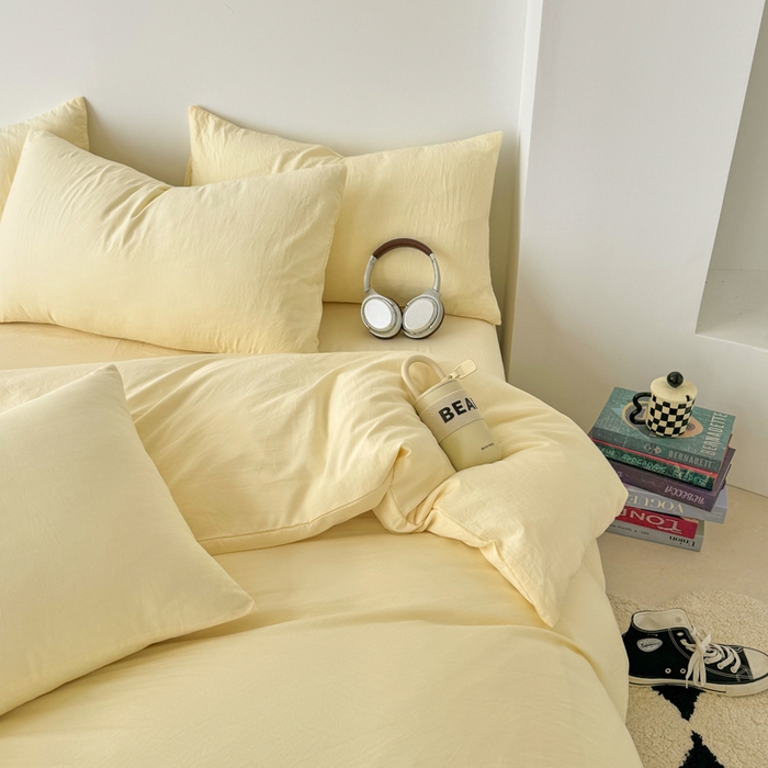 91家纺网 家纺一手货源 找家纺 芷凡家纺 2025新款A类加厚水洗棉云朵棉四件套 浅鹅黄