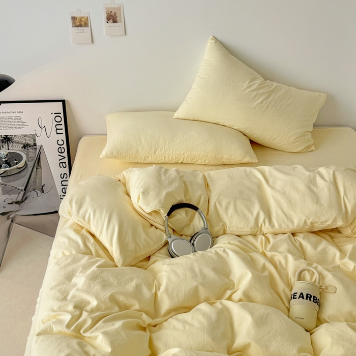 91家纺网 家纺一手货源 找家纺 芷凡家纺 2025新款A类加厚水洗棉云朵棉四件套 浅鹅黄