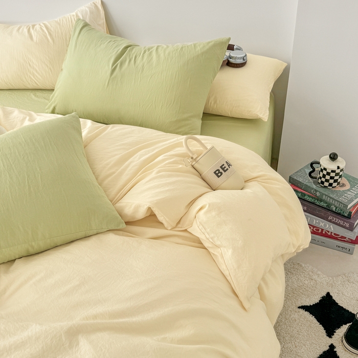 91家纺网 家纺一手货源 找家纺 芷凡家纺 2025新款A类加厚水洗棉云朵棉四件套 浅鹅黄+抹茶