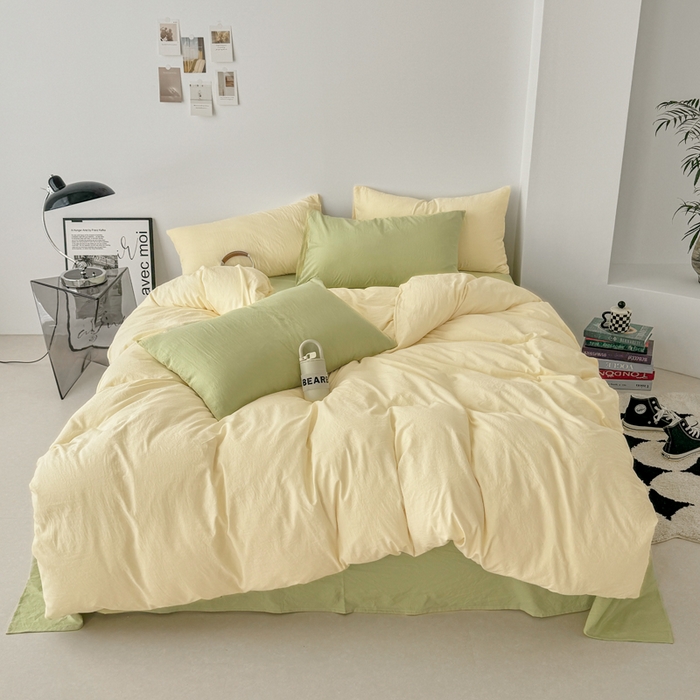 91家纺网 家纺一手货源 找家纺 芷凡家纺 2025新款A类加厚水洗棉云朵棉四件套 浅鹅黄+抹茶