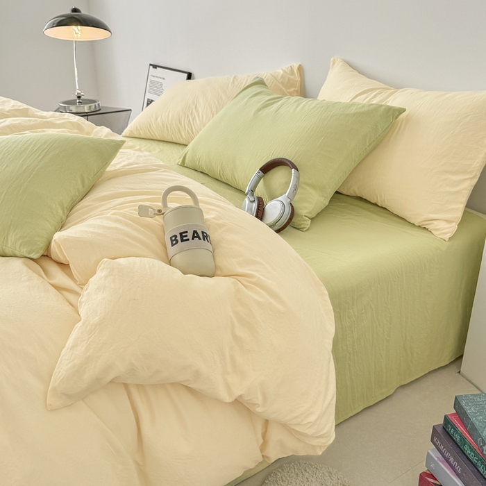 91家纺网 家纺一手货源 找家纺 芷凡家纺 2025新款A类加厚水洗棉云朵棉四件套 浅鹅黄+抹茶