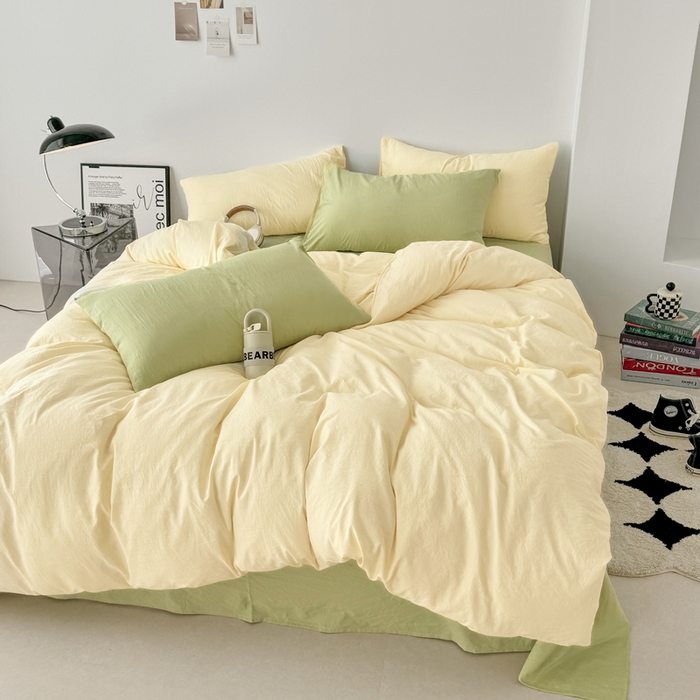 91家纺网 家纺一手货源 找家纺 芷凡家纺 2025新款A类加厚水洗棉云朵棉四件套 浅鹅黄+抹茶