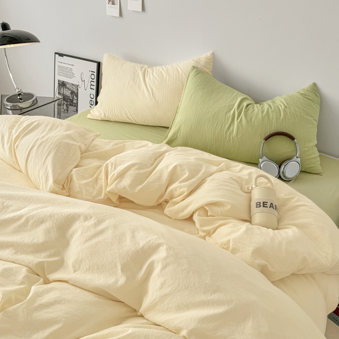 91家纺网 家纺一手货源 找家纺 芷凡家纺 2025新款A类加厚水洗棉云朵棉四件套 浅鹅黄+抹茶