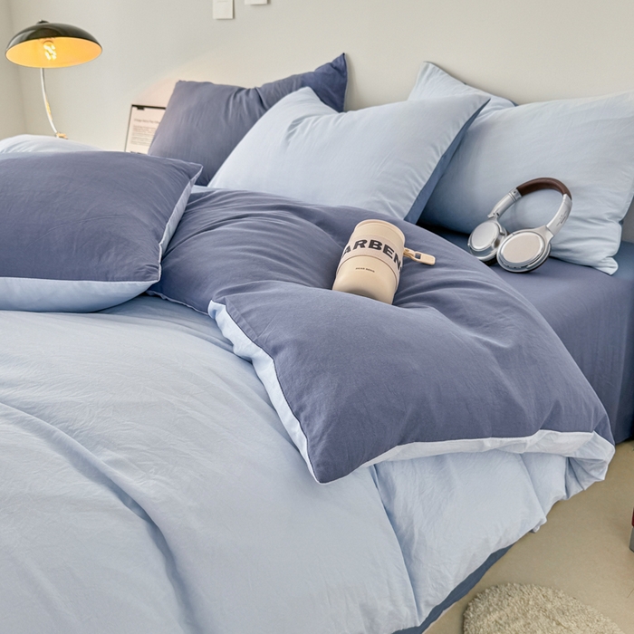 91家纺网 家纺一手货源 找家纺 芷凡家纺 2025新款A类加厚水洗棉云朵棉四件套 青春兰+宝石蓝