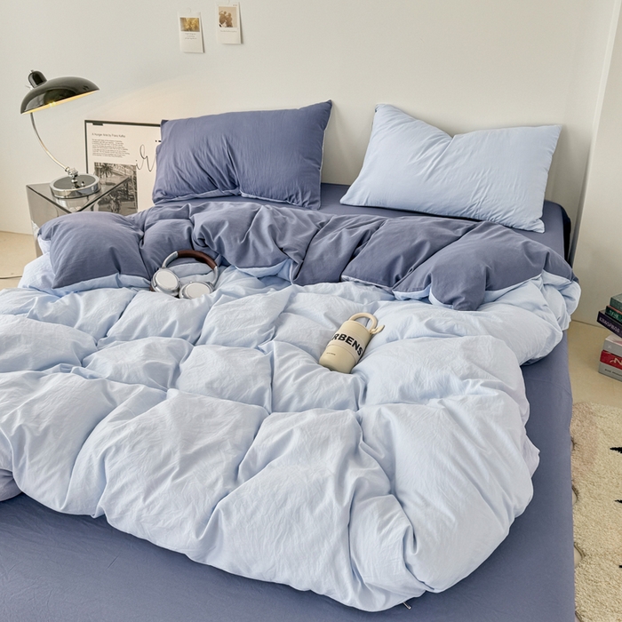 91家纺网 家纺一手货源 找家纺 芷凡家纺 2025新款A类加厚水洗棉云朵棉四件套 青春兰+宝石蓝