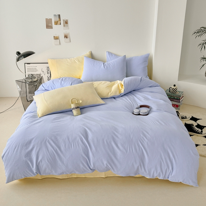 91家纺网 家纺一手货源 找家纺 芷凡家纺 2025新款A类加厚水洗棉云朵棉四件套 青春兰+浅鹅黄