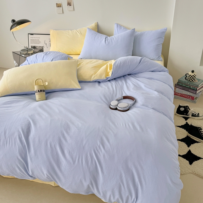 91家纺网 家纺一手货源 找家纺 芷凡家纺 2025新款A类加厚水洗棉云朵棉四件套 青春兰+浅鹅黄