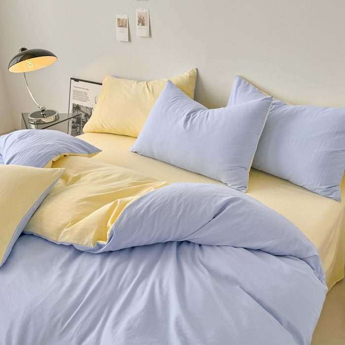 91家纺网 家纺一手货源 找家纺 芷凡家纺 2025新款A类加厚水洗棉云朵棉四件套 青春兰+浅鹅黄