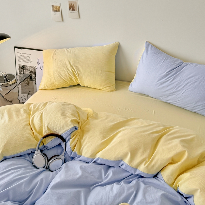 91家纺网 家纺一手货源 找家纺 芷凡家纺 2025新款A类加厚水洗棉云朵棉四件套 青春兰+浅鹅黄