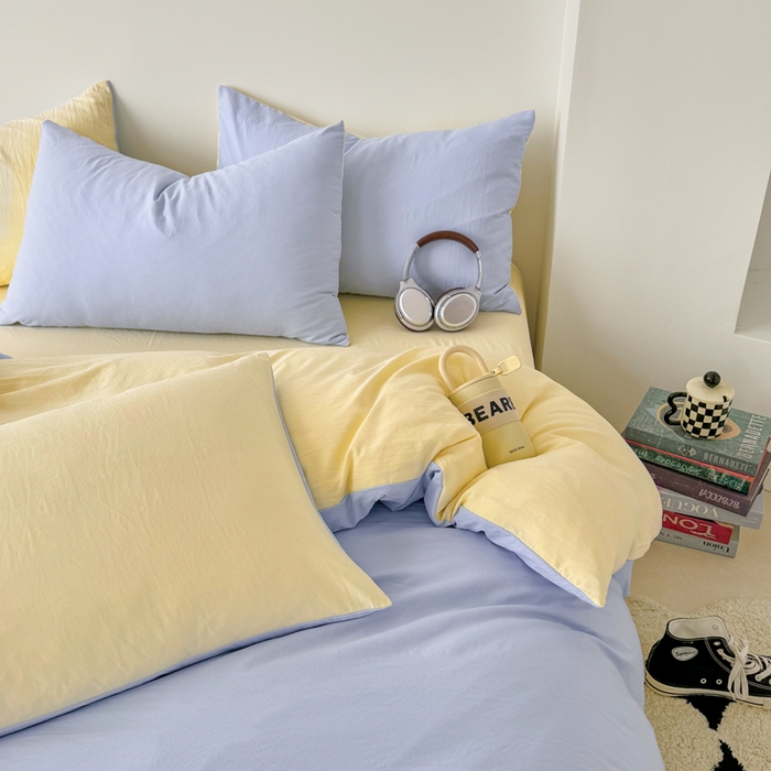 91家纺网 家纺一手货源 找家纺 芷凡家纺 2025新款A类加厚水洗棉云朵棉四件套 青春兰+浅鹅黄