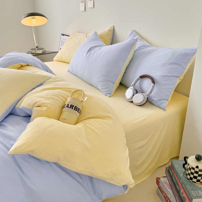 91家纺网 家纺一手货源 找家纺 芷凡家纺 2025新款A类加厚水洗棉云朵棉四件套 青春兰+浅鹅黄