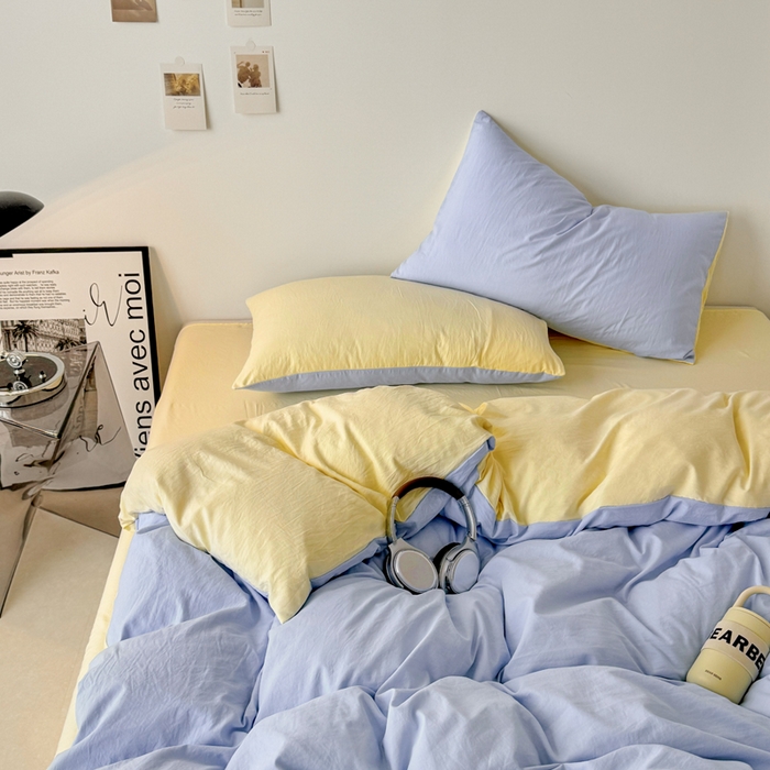 91家纺网 家纺一手货源 找家纺 芷凡家纺 2025新款A类加厚水洗棉云朵棉四件套 青春兰+浅鹅黄