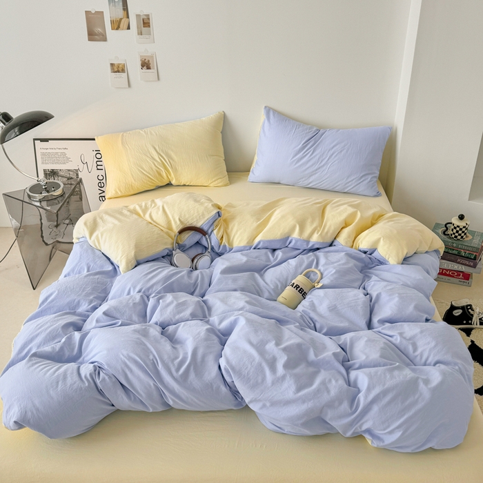 91家纺网 家纺一手货源 找家纺 芷凡家纺 2025新款A类加厚水洗棉云朵棉四件套 青春兰+浅鹅黄