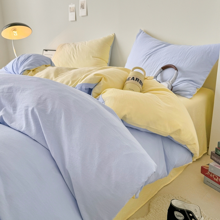 芷凡家纺 2025新款A类加厚水洗棉云朵棉四件套 青春兰+浅鹅黄