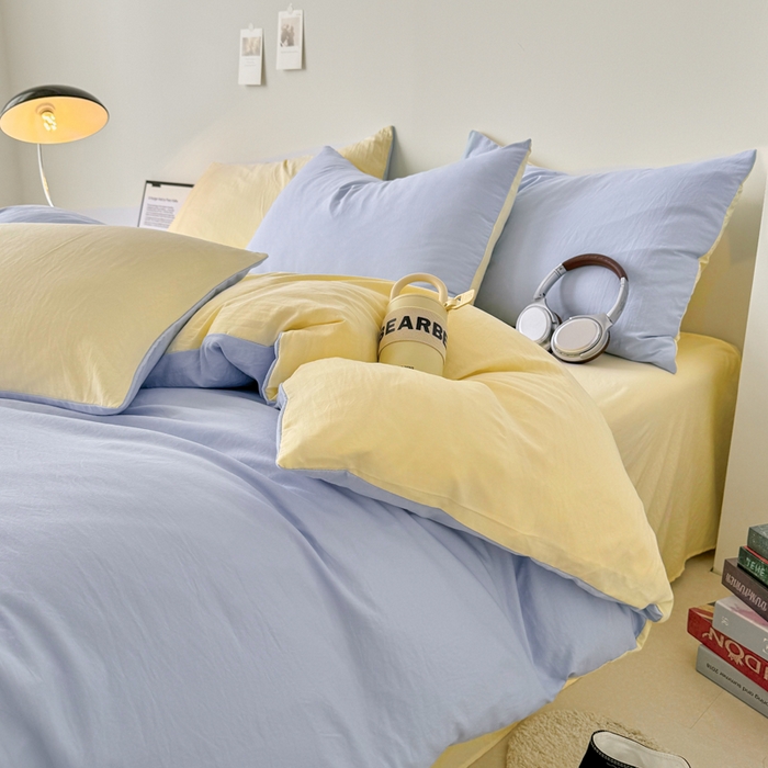 91家纺网 家纺一手货源 找家纺 芷凡家纺 2025新款A类加厚水洗棉云朵棉四件套 青春兰+浅鹅黄