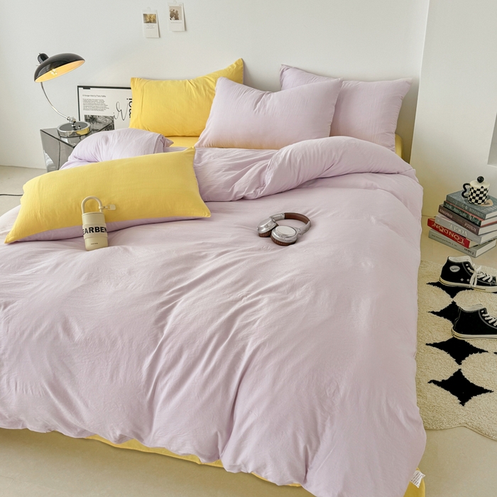 91家纺网 家纺一手货源 找家纺 芷凡家纺 2025新款A类加厚水洗棉云朵棉四件套 微微紫+柠檬黄