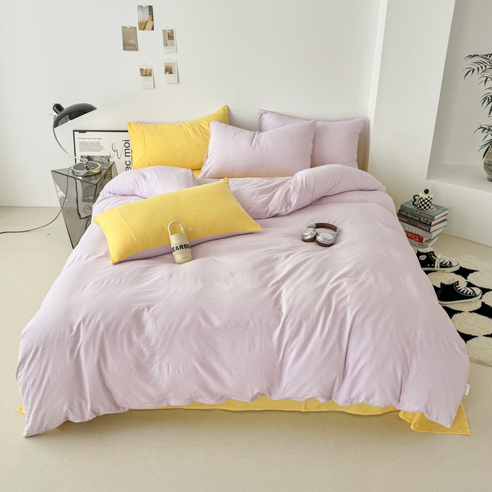 91家纺网 家纺一手货源 找家纺 芷凡家纺 2025新款A类加厚水洗棉云朵棉四件套 微微紫+柠檬黄