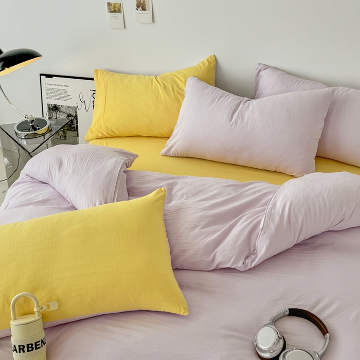 91家纺网 家纺一手货源 找家纺 芷凡家纺 2025新款A类加厚水洗棉云朵棉四件套 微微紫+柠檬黄