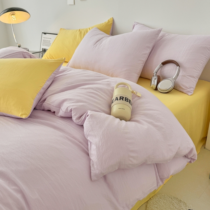 91家纺网 家纺一手货源 找家纺 芷凡家纺 2025新款A类加厚水洗棉云朵棉四件套 微微紫+柠檬黄