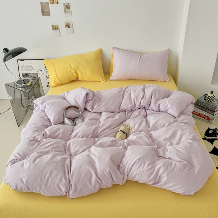 91家纺网 家纺一手货源 找家纺 芷凡家纺 2025新款A类加厚水洗棉云朵棉四件套 微微紫+柠檬黄