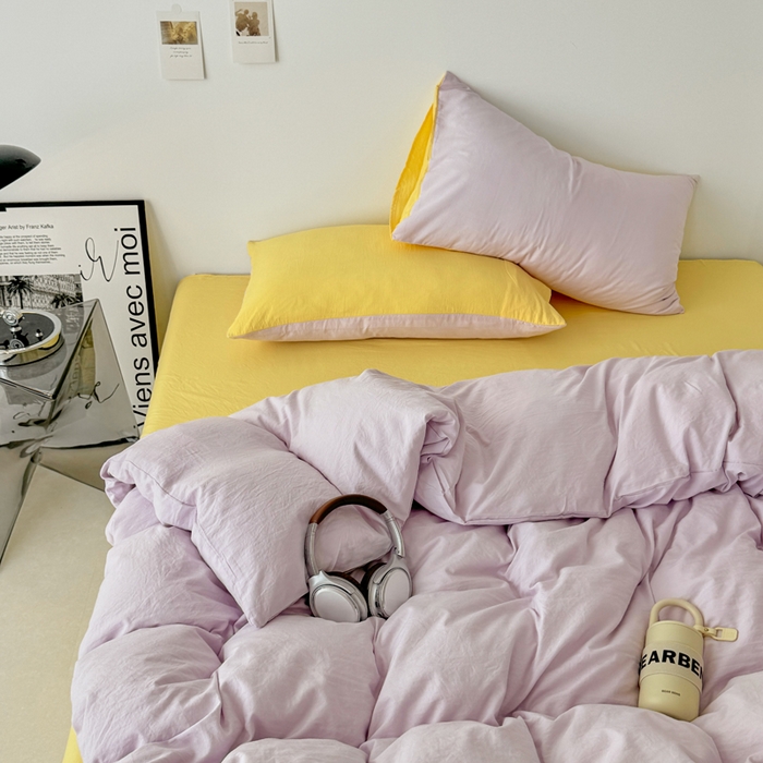 91家纺网 家纺一手货源 找家纺 芷凡家纺 2025新款A类加厚水洗棉云朵棉四件套 微微紫+柠檬黄