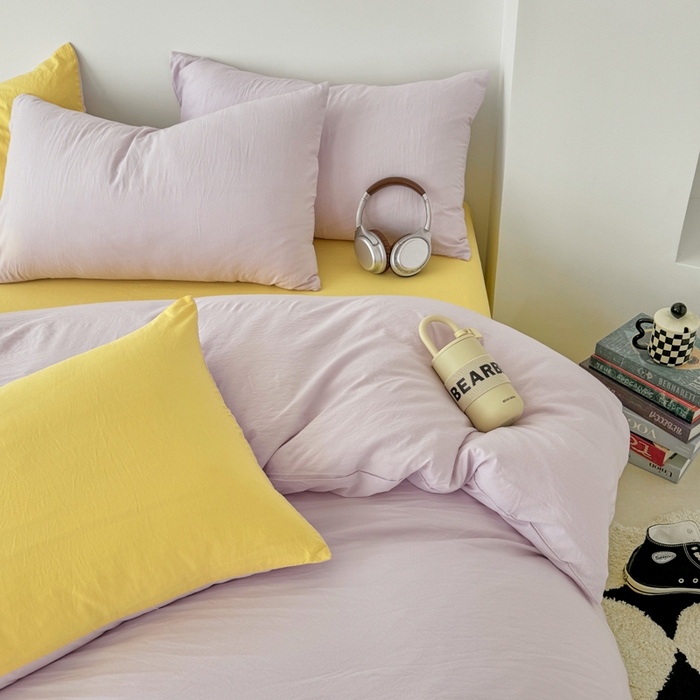 91家纺网 家纺一手货源 找家纺 芷凡家纺 2025新款A类加厚水洗棉云朵棉四件套 微微紫+柠檬黄