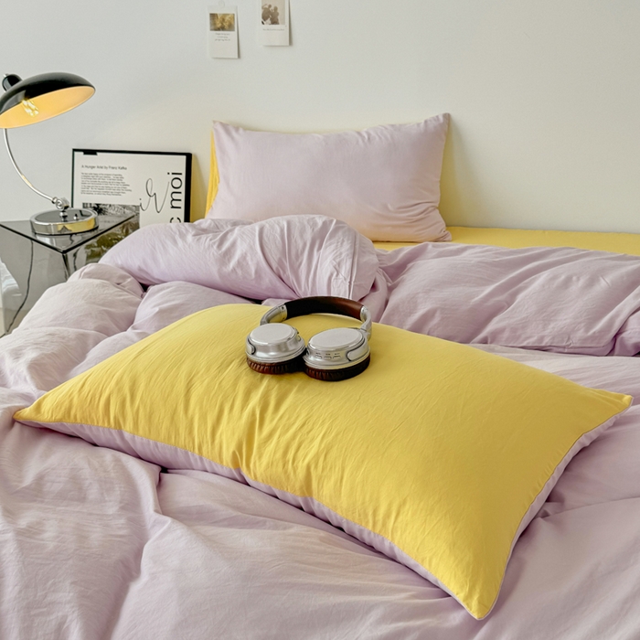 91家纺网 家纺一手货源 找家纺 芷凡家纺 2025新款A类加厚水洗棉云朵棉四件套 微微紫+柠檬黄