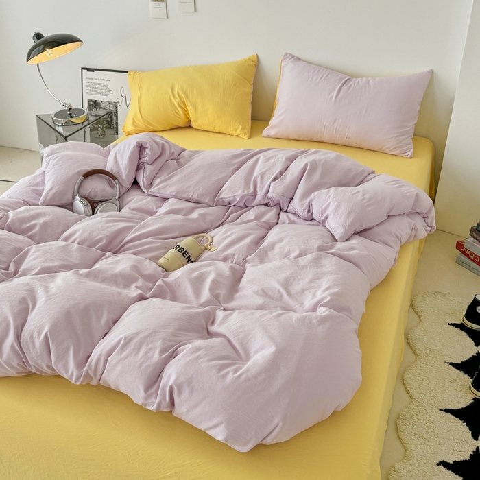 91家纺网 家纺一手货源 找家纺 芷凡家纺 2025新款A类加厚水洗棉云朵棉四件套 微微紫+柠檬黄