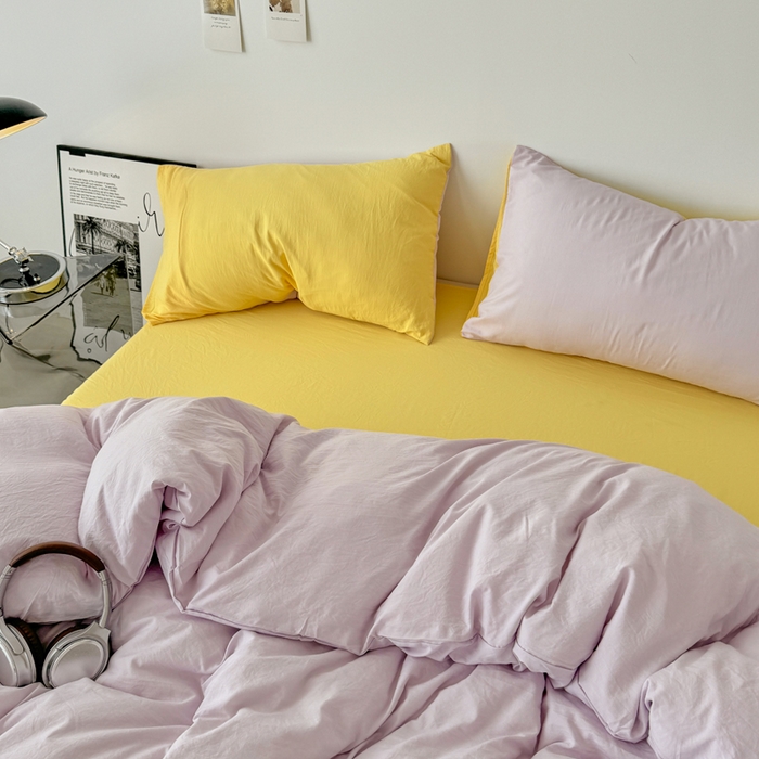 91家纺网 家纺一手货源 找家纺 芷凡家纺 2025新款A类加厚水洗棉云朵棉四件套 微微紫+柠檬黄