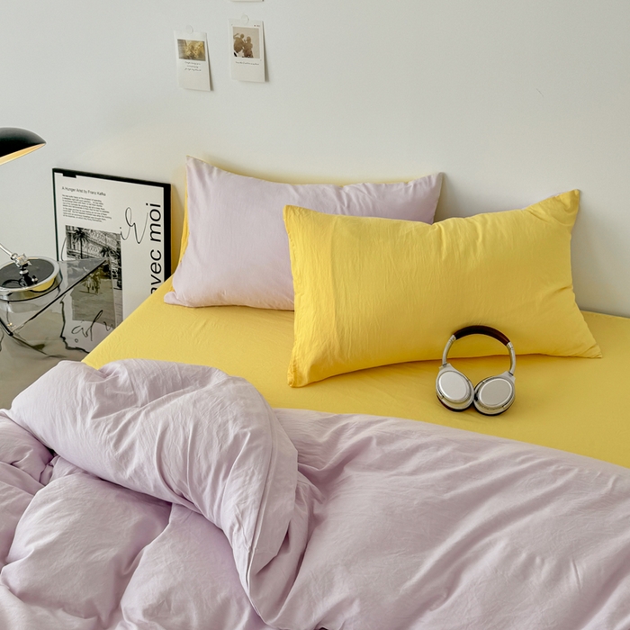 91家纺网 家纺一手货源 找家纺 芷凡家纺 2025新款A类加厚水洗棉云朵棉四件套 微微紫+柠檬黄