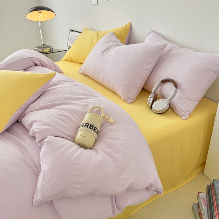 91家纺网 家纺一手货源 找家纺 芷凡家纺 2025新款A类加厚水洗棉云朵棉四件套 微微紫+柠檬黄
