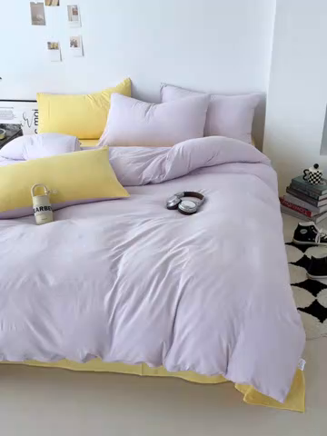 91家纺网 家纺一手货源 找家纺 芷凡家纺 2025新款A类加厚水洗棉云朵棉四件套 微微紫+柠檬黄