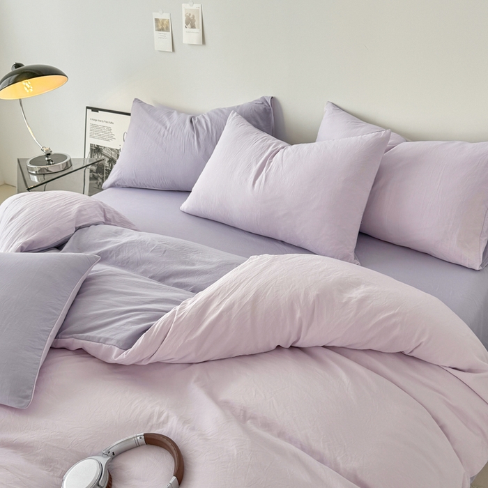 91家纺网 家纺一手货源 找家纺 芷凡家纺 2025新款A类加厚水洗棉云朵棉四件套 微微紫+千夏紫