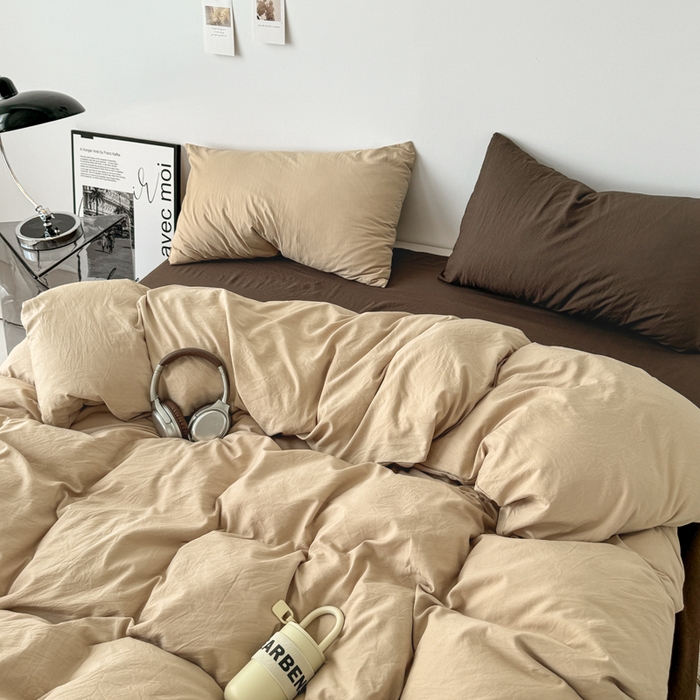 91家纺网 家纺一手货源 找家纺 芷凡家纺 2025新款A类加厚水洗棉云朵棉四件套 杏色+奶咖