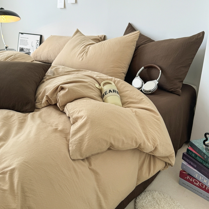 91家纺网 家纺一手货源 找家纺 芷凡家纺 2025新款A类加厚水洗棉云朵棉四件套 杏色+奶咖