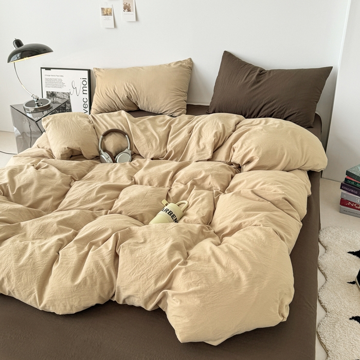 91家纺网 家纺一手货源 找家纺 芷凡家纺 2025新款A类加厚水洗棉云朵棉四件套 杏色+奶咖