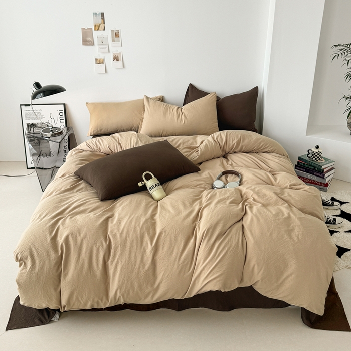 91家纺网 家纺一手货源 找家纺 芷凡家纺 2025新款A类加厚水洗棉云朵棉四件套 杏色+奶咖