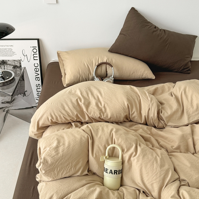 91家纺网 家纺一手货源 找家纺 芷凡家纺 2025新款A类加厚水洗棉云朵棉四件套 杏色+奶咖